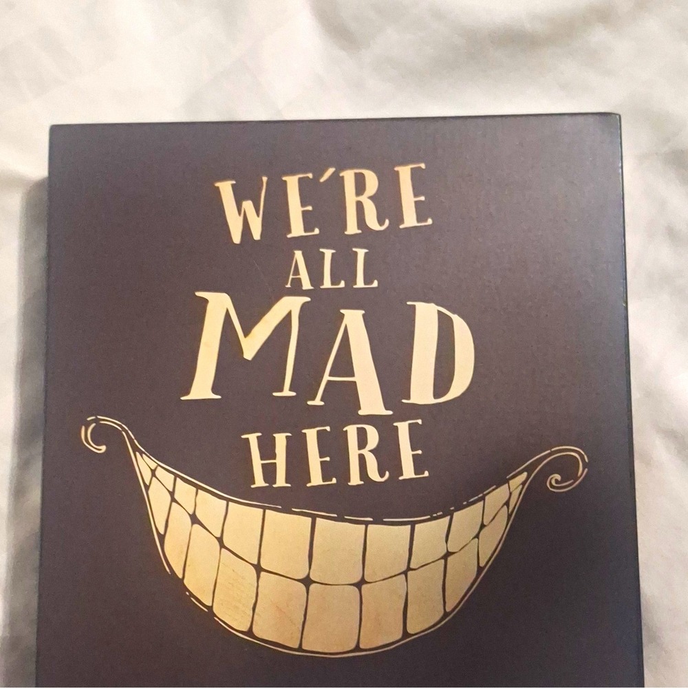Alice in Wonderland Wooden Box Sign We're All Mad Here Cheshire Cat 6x6 Decor
